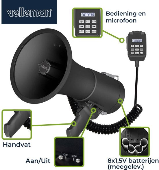 Velleman Megaphon-Set 50W mit Sirene, inkl. Batterien, 700s Aufnahme, Lautstärkeregler, Bluetooth, USB, Handmikrofon, 1200m Reichweite, 120dB, tragbares ABS-Design, mattschwarz