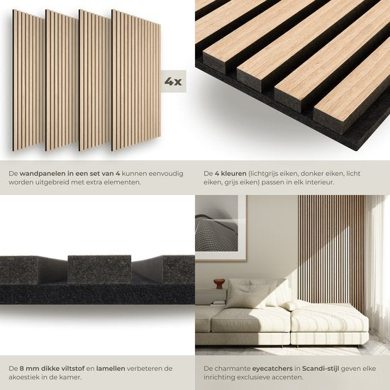 tectake® Akustikplatten – 4er-Set – Akustik-Wandplatte – 60 x 120 cm - 2,88 m² - Wandpaneele mit anpassbarer Größe - Lattenwand aus MDF und Holzfurnier - Schalldämmung - Stilvolle Wanddekoration - Einfache Montage - Helle Eiche