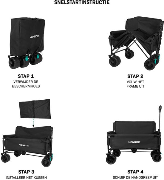 VONROC Wagon - Mit Sitzfunktion - Zusammenklappbar - 120 kg Tragkraft - 115l Fassungsvermögen - Solide, auslaufsichere Räder - Stabiler Stahlrahmen - Polyester 600D - Schwarz