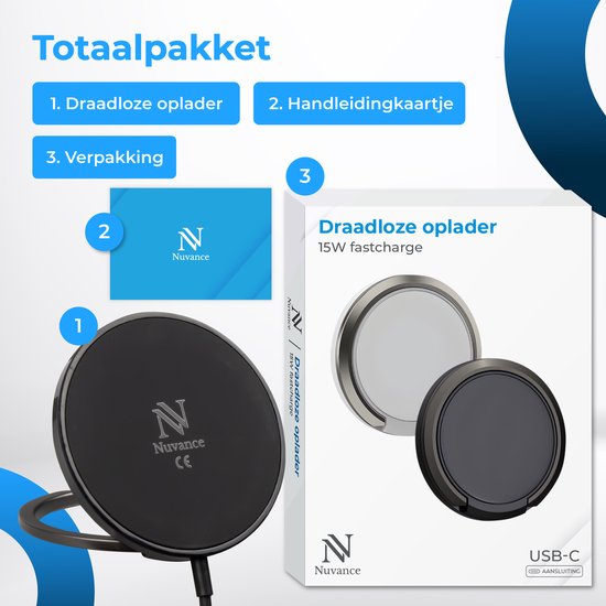 Nuvance Wireless Charger - 15W Schnellladegerät - geeignet für Magsafe - Wireless Charger - inkl. Usb-C Kabel - Schwarz