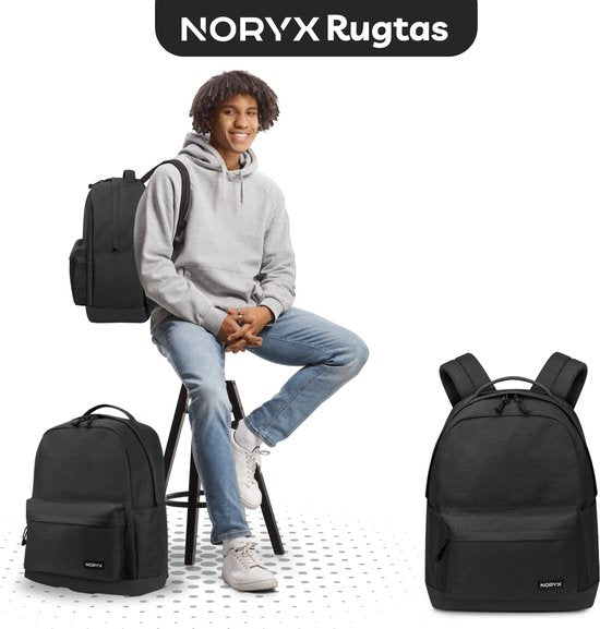Noryx Origin Rucksack 27L - 15.6 Zoll - Laptop-Rucksack - Schultasche - Männer und Frauen - Spritzwassergeschützt - Schwarz