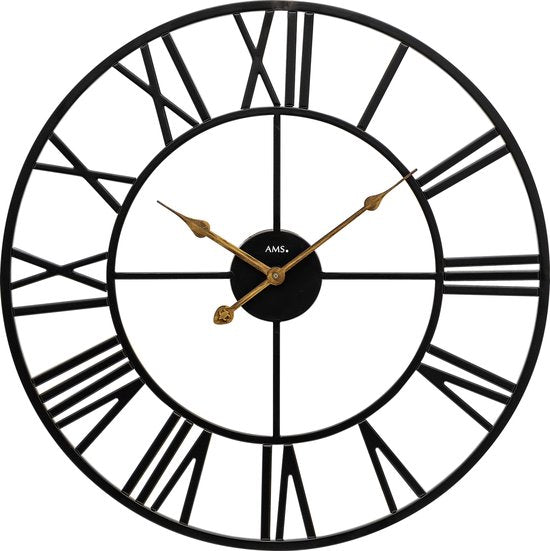AMS W9685 – Wanduhr – Analog – Rund – Metall – Römische Ziffern – Schwarz – Gelb/Goldfarben – D50 x 3 cm