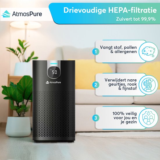 AtmosPure® CleanAir Luftreiniger - Luftreiniger mit austauschbarem HEPA 13 + Kohlefilter - CADR 250 m³/h - Schwarz - Für 98 m² - Wirkt gegen Staubmilben, Heuschnupfen, Allergien, -3 Modi + stiller Schlafmodus - Luftqualitätssensor