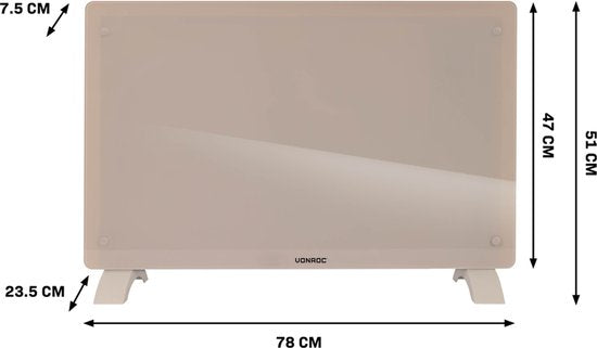 VONROC Luxury electric heater - Konvektorheizung mit Glasscheibe - 1000W/2000W- Beheizt Räume bis zu 24m2 - Gesteuert sowohl mit App (über Wifi) als auch manuell - Einstellbarer Thermostat und Timer - Beige
