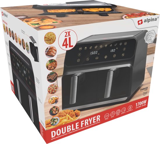 alpina Double Airfryer XL 8L - Heißluftfritteuse für 4 bis 8 Personen - Fassungsvermögen 2x4L - Digitalanzeige - Fritteuse 1700 W - Sync Finish Funktion - Schwarz
