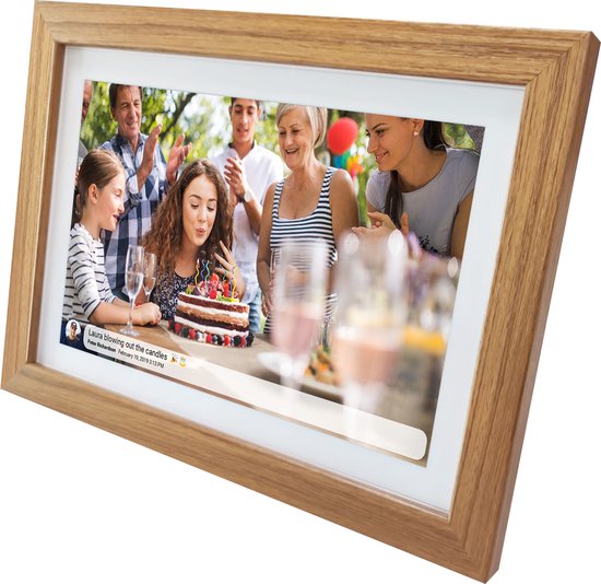 Denver Digitaler Bilderrahmen 15,6 Zoll - XL - Holz - Full HD - Frameo App - Bilderrahmen - WiFi - 8GB - IPS Touchscreen - PFF1542LW