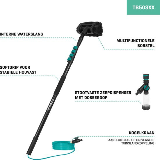 VONROC Teleskop-Waschbürste - 4,60m - Inkl. Bürstenkopf, Wasserschlauch und Seifenspender