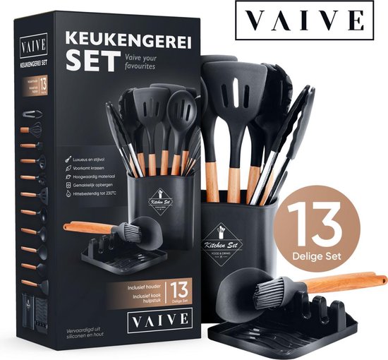 VAIVE Kochgeschirr-Set 13-teilig mit Halter - Küchengeschirr-Set - Schneebesen - Spatel Silikon