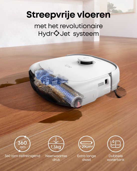 eufy Staubsaugerroboter Omni E25, HydroJet-Wischsystem, 20.000 Pa Saugleistung, DuoSpiral-Bürsten zum Entwirren, CornerRover-Arm zur Reinigung von Ecken, All-in-One-Station, für Familien mit Haustieren und Kindern.