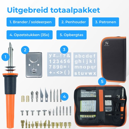 Nuvance - Holzbrenner-Set - Pyrographie für Hobby - Lötkolben - inkl. 34 Aufsätze & 2 Übungsschablonen - Lötset - Löten