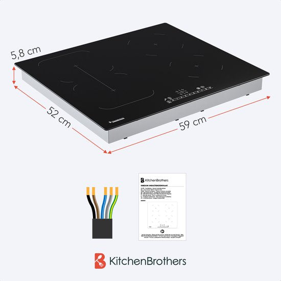 KitchenBrothers Induktionskochfeld - Einbau-Induktionskochfeld - 60 cm - 4 Zonen - 1 und 2 Phasen - Bis zu 2400W - Schwarz