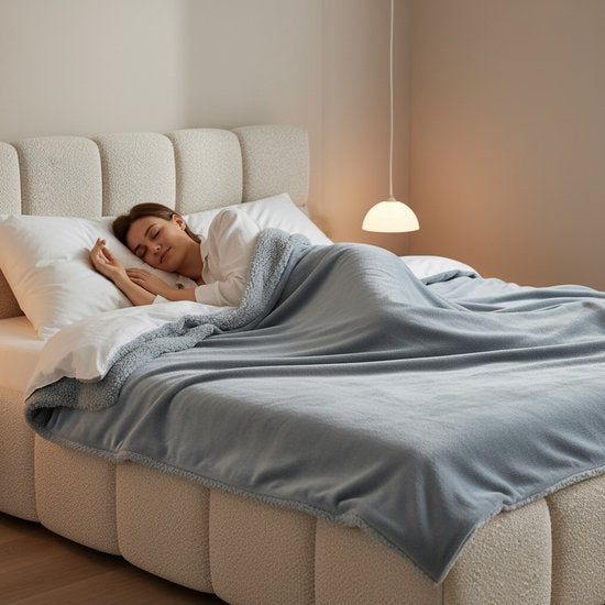 STAUS&BACH Heizdecke XXL - 2 Personen Oberdecke - Doppelseitige Fleece Sherpa Wärmedecke - Grau Blau - 180x130 cm PowerNap