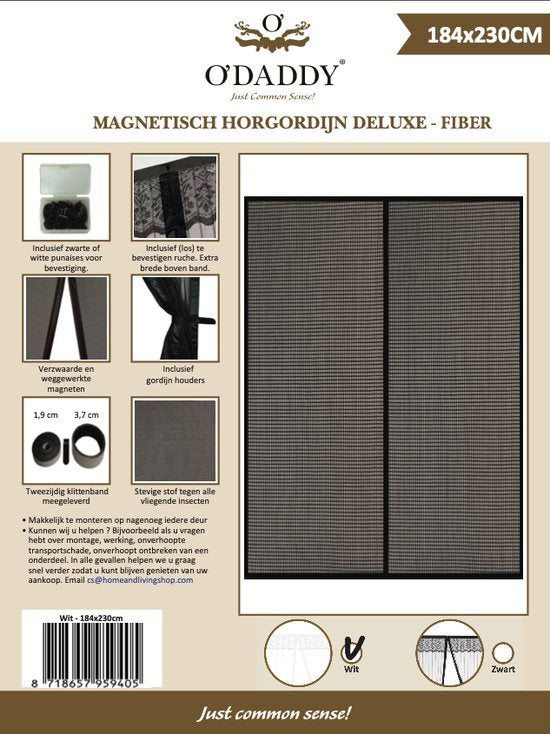 O'DADDY Türvorhang Deluxe FIBER - Magnetischer Fliegenvorhang - Für Neubauten und Standardtüren - Einfache Installation - Weißes Horn - 184x230 cm