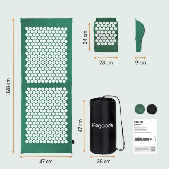 LifeGoods Akupressurmatte XL - mit Kissen - Shakti-Matte - Nagelmatte inkl. 2x Triggerpunktball - 128x48x2cm - Grün/Weiß