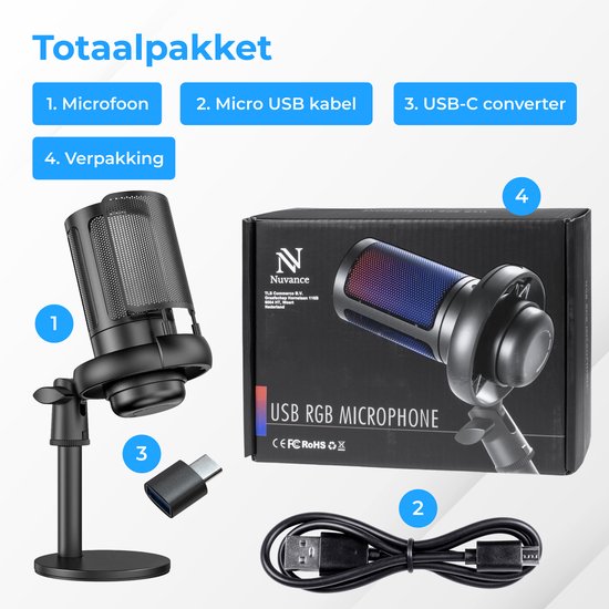 Nuvance - USB-Mikrofon mit Ständer - für PC- und Gaming-Mikrofon - mit Rauschfilter - inkl. USB-C-Konverter - Streaming-Mikrofon - RGB