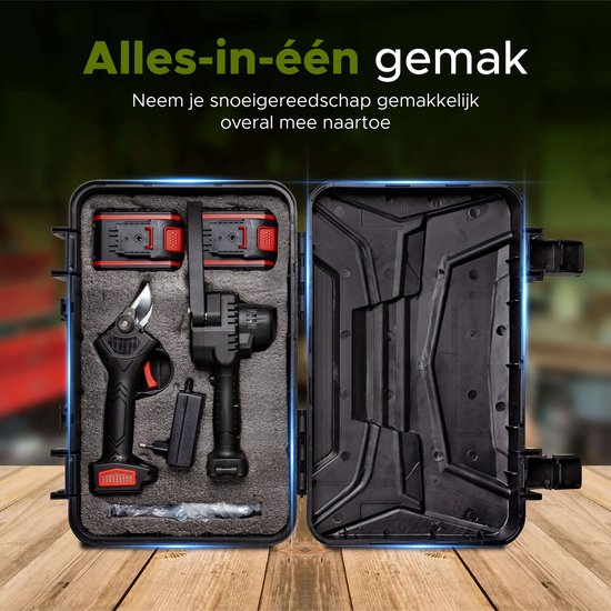 Qualitá® Elektrische Gartenschere - 2 in 1 Mini-Kettensäge - Blumenschere, Astschere, Heckenschere elektrisch - 2 Akkus mit Ladegerät - inkl. Aufbewahrungsbox Gartengeräte