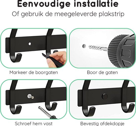 Volcan Wandgarderobe - 28 Haken - Wandgarderobe zum Aufhängen mit 3M-Band - Industriell - Schwarzer Edelstahl