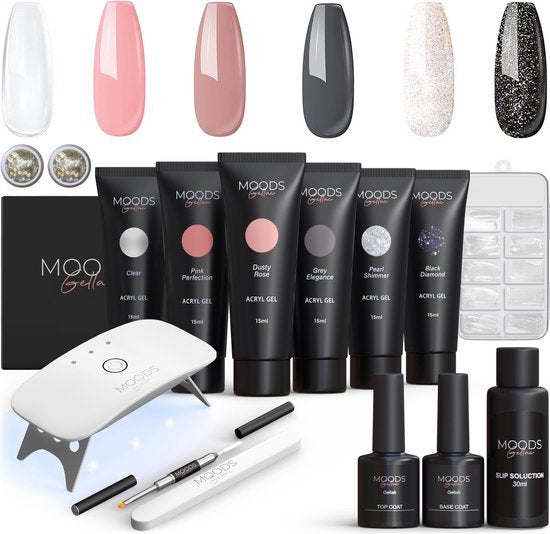 Moods Gellac - Luxus Polygel Set - Polygel Nägel Starter Pack - Inklusive UV LED Lampe - 6 Farben - Neutraler Glanz