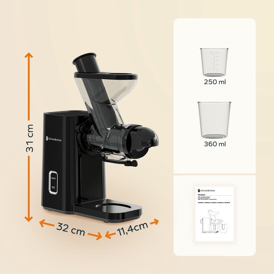 KitchenBrothers Slowjuicer - Mini-Entsafter - Gemüse- und Obstpresse - 40 mm und 50 mm Einfüllöffnung - 400 ml - Schwarz