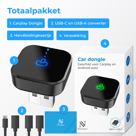 Nuvance CarPlay Dongle - Bluetooth Dongle - CarPlay Wireless - USB & USB C - Geeignet für Android Auto & CarPlay