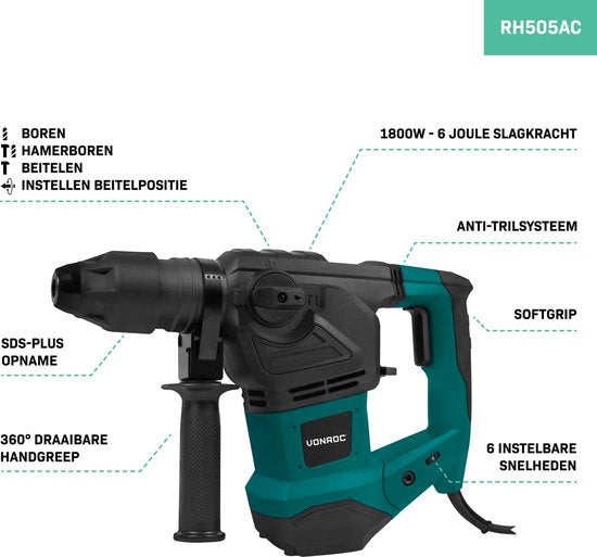 VONROC Bohrhammer 1800W - 6 Joule - SDS plus - 4 Funktionen - Inkl. 3 SDS-plus Bohrer und 2 SDS-plus Meißel