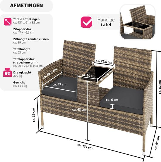 tectake - Geflecht-Gartenbank mit Tisch, 2-Sitzer-Bank, 131 x 61 x 82 cm, Gartenbank für Balkon und Terrasse, Gartenbank inklusive Sitzkissen - natur/dunkelgrau - Poly-Rattan