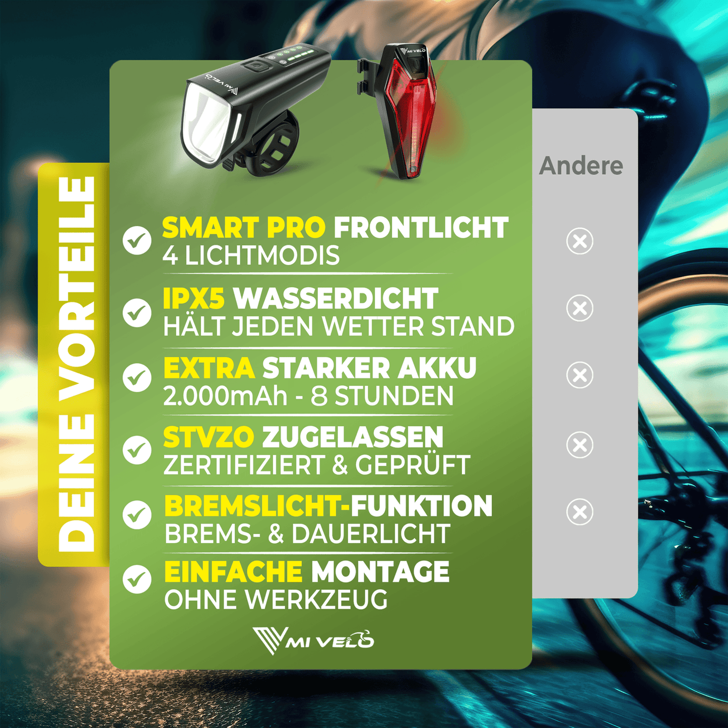 Mivelo Fahrradlicht-Set - StVZO geprüft - USB aufladbar - 100% wasserdicht - LED Vorder- und Rücklicht - Mit Bremslichtfunktion (SMART PRO)