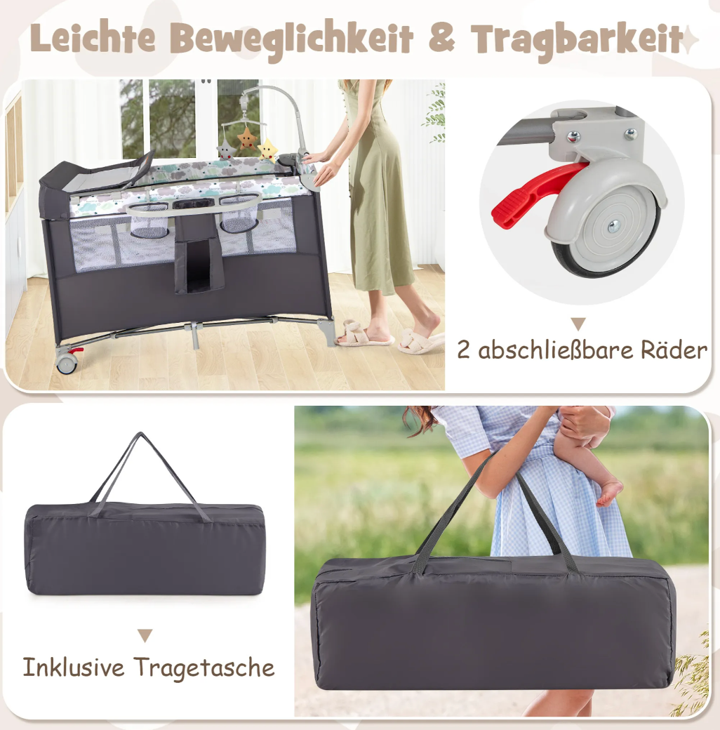 Coast Reisebett - 5 in 1 - faltbar - 2 Ebenen - inkl. Matratze - 125 x 65 x 76cm - Grau