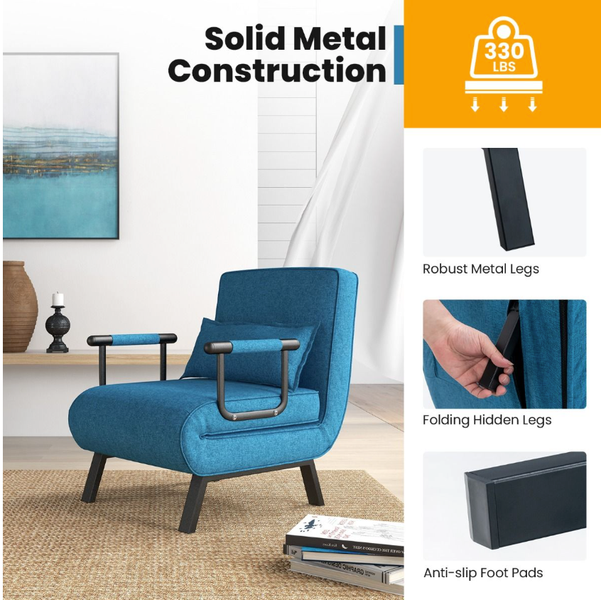 Coast Schlafsessel Sofa - 4-in-1, 5-Positionen verstellbar, Max. 150 kg - L 184 cm - Leinen/Metall - Blau