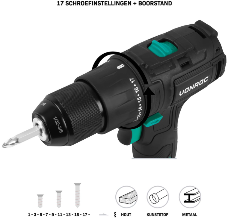 Vonroc Pro Cordless Drill 20v - 40nm - Inkl. 4.0ah Akku, Schnellladegerät und 46 Zubehörteile im Luxuskoffer
