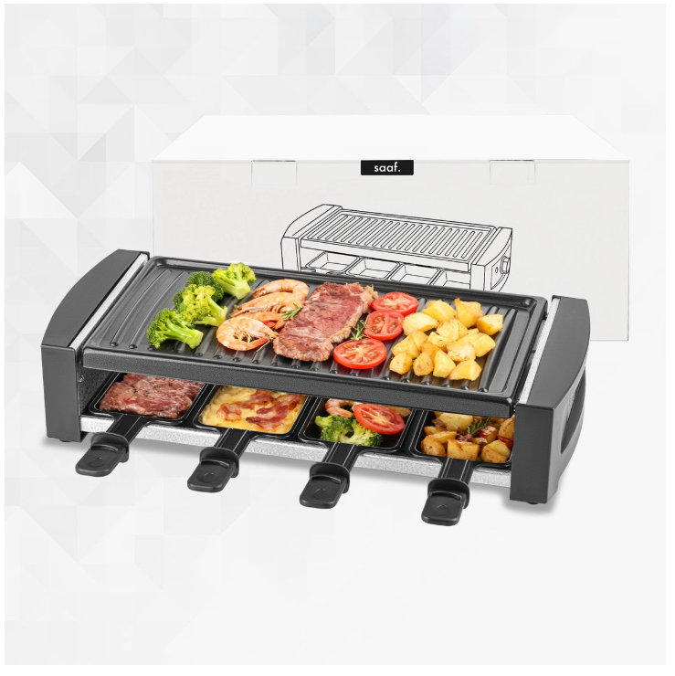 Saaf Gourmet & Raclette Set - 1200W - Mit abnehmbarer Grillplatte & Antihaftbeschichtung - Für 8 Personen - Spülmaschinenfest - Schwarzes Metall