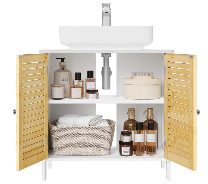 EUGAD Waschtischunterschrank Neapel - ausgestattet mit Siphonausschnitt und verstellbarem Einlegeboden und magnetischen Lamellentüren - für Bad und Toilette - weiß beschichtetes Holz und Bambus - 60 x 30 x 60 cm