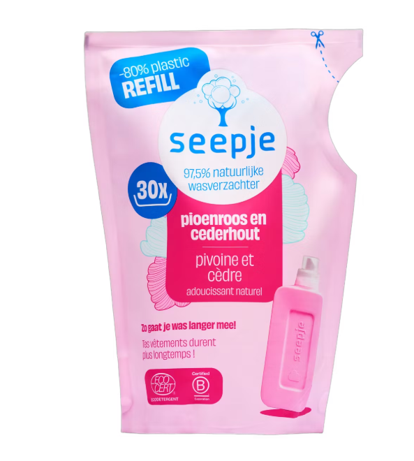 Seepje Weichspüler Nachfüllpackung Pfingstrose & Zedernholz - mit Pflanzenfaserschutz und Ecocert-zertifizierter Formel und mikroplastikfreiem Design - für Bunt- und Weißwäsche - rosa Kunststoff - 6 x 750 ml