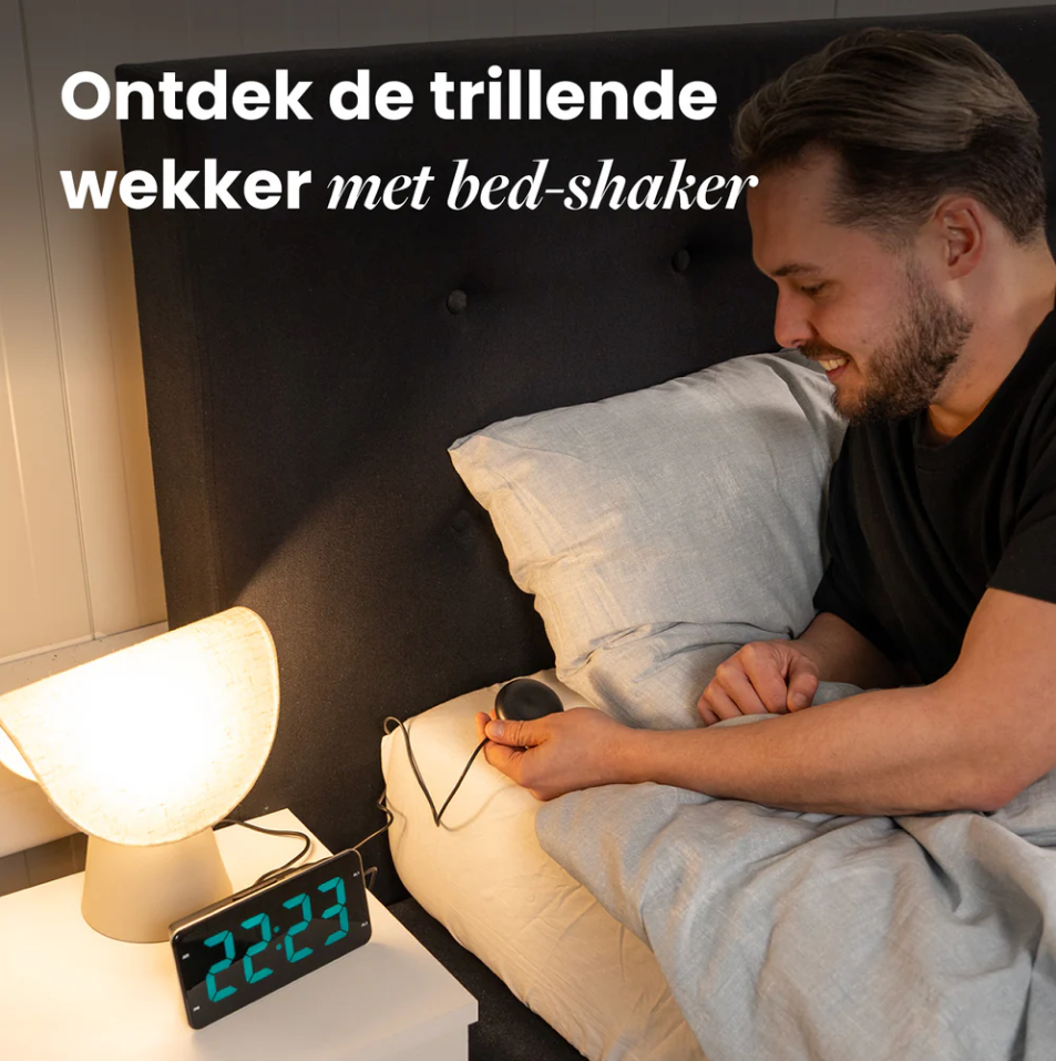 DreamCare Pulse Wecker mit Vibrationsfunktion und Bettvibrator – Ausgestattet mit vollständig dimmbarem Display sowie Doppelalarm und Schlummerfunktion – Für Tiefschläfer und Menschen mit Hörbeeinträchtigung – Schwarzer Kunststoff – 180 cm langes Kabel