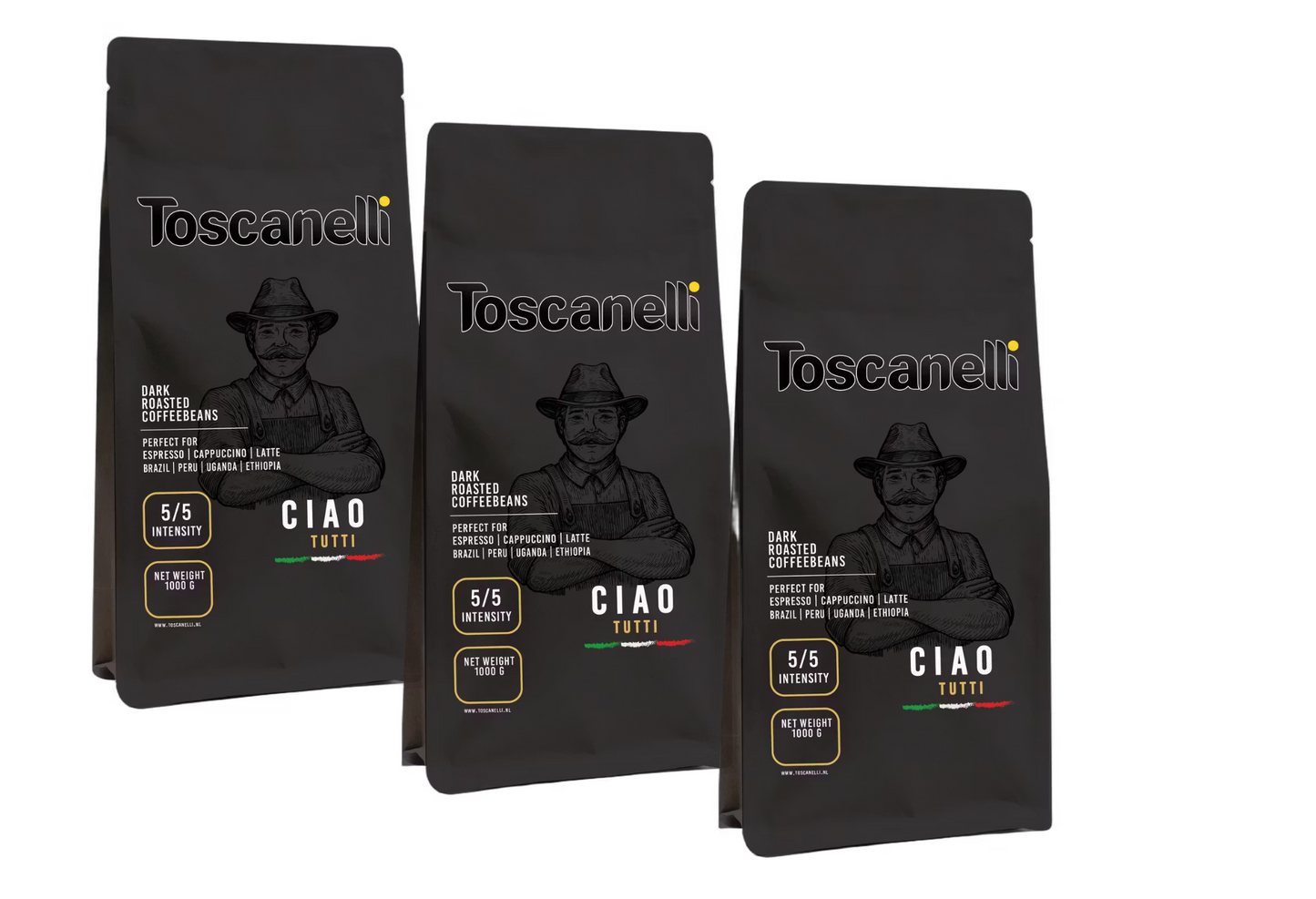 Toscanelli Ciao Tutti Blend Kaffeebohnen | Dunkle Röstung | 3 × 1 kg