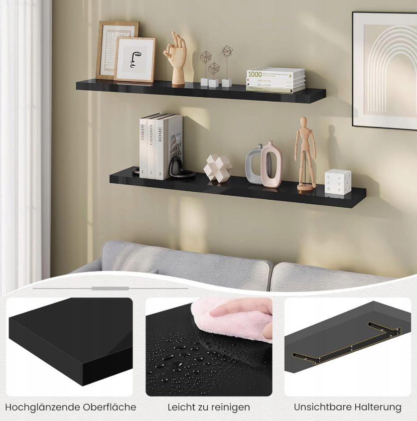 Esituro Hängendes Wandregal Schwarz 80 x 23 x 3,8 cm - Modernes schwebendes Bücherregal