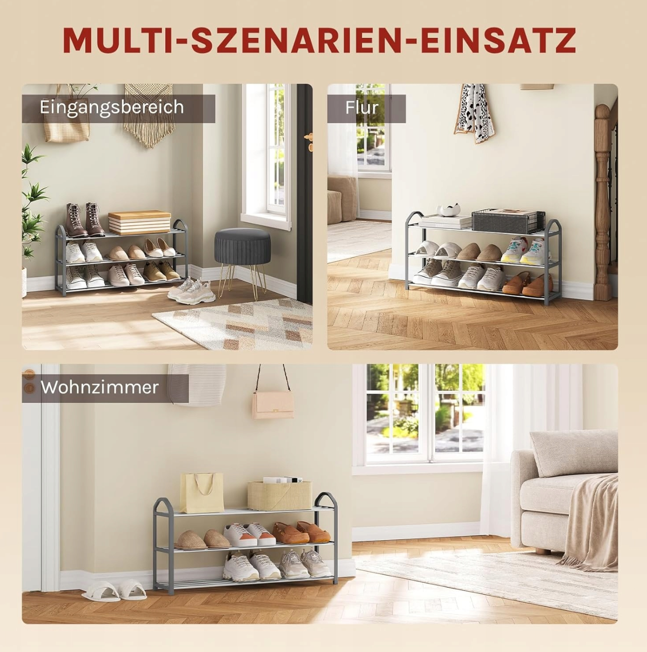 Woltu Schuhregal, 3 Ebenen – Grau – Für ca. 12 Paar Schuhe – 79 x 18,5 x 42,5 cm