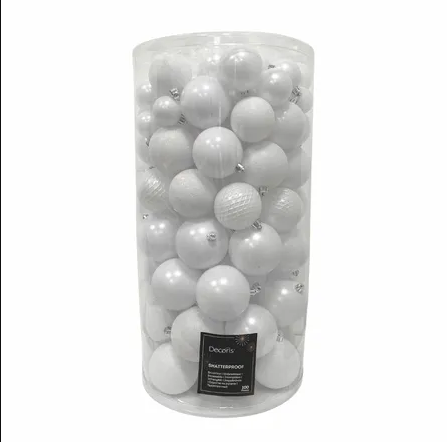 Weihnachtsdekoration Christbaumkugeln Mix Plastik Winter Weiß 100Stk
