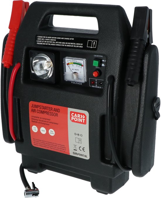 Carpoint Starthilfe – 12 Volt – mit Luftkompressor – Spitzenleistung 400 A – Aufladen mit 230-Volt- oder 12-Volt-Adapter