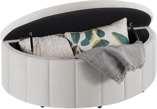 tectake® Polsterbank „Moon“ – Hocker mit Stauraum – Großes Staufach – Halbmondform – Sitzbank – 108 x 48 x 38,5 cm – Belastbarkeit 150 kg – Samt, Taupe