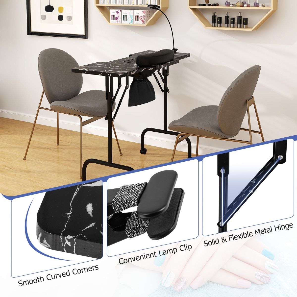 Coast Faltbarer professioneller Manikürtisch - 90 x 40 x 77 cm, Schwarz (Elektrische Staubabsaugung, LED-Lampe, Handgelenkkissen, Tragetasche)