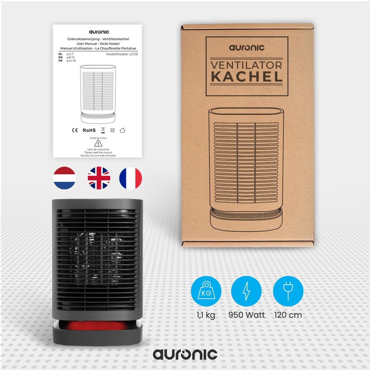 Auronic Elektrische Heizung - Heizlüfter - 3 Stufen - 950W - LED-Anzeige - Rotierend - Schwarz