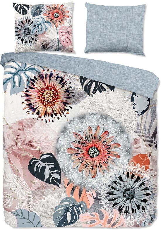 Flanell Bettbezug 200x200 cm - Blumen und Blätter Druck - Grau/Rosa - 2 Personen - 100% Baumwolle Flanell