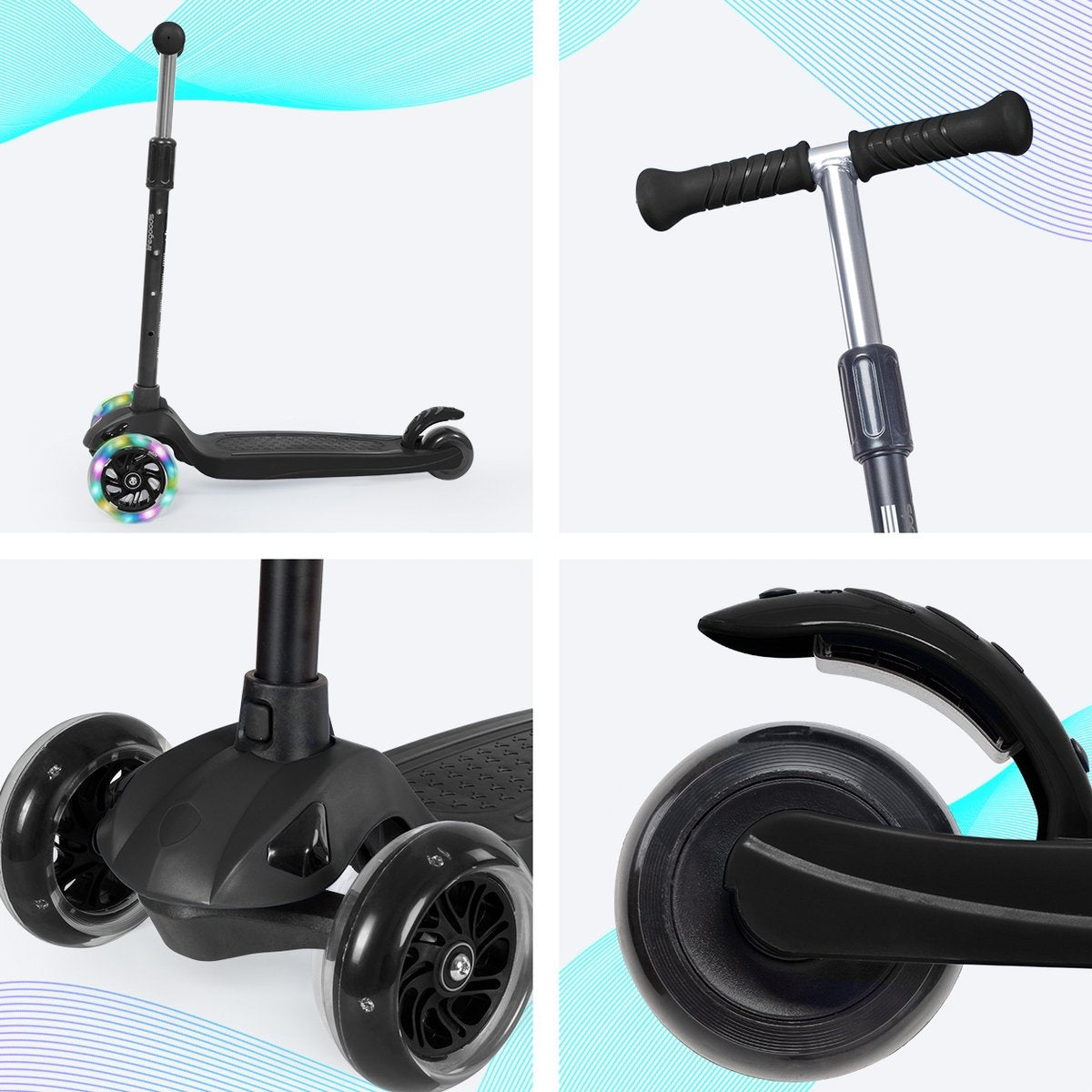 LifeGoods TurboRide Kids' Scooter - Stufe 5-8 Jahre - 3 leuchtende Räder - Jungen/Mädchen - Schwarz