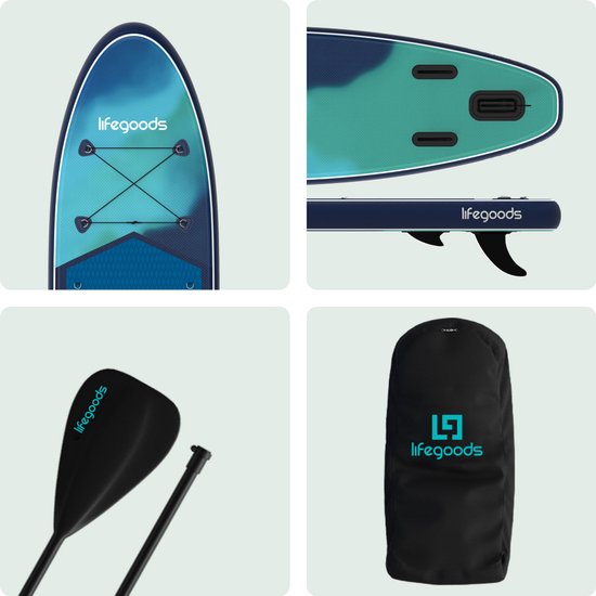 LifeGoods SUP-Board Allround Compact – mit Sitz – 100 kg Tragkraft – 300 x 76 cm – aufblasbar – komplettes SUP-Set – Blau/Grün