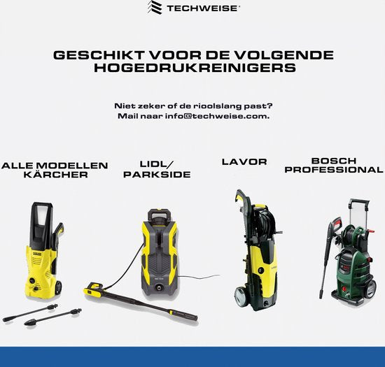 Techweise - Kanalisationsschlauch passend für Kärcher - 15M - Mit Dreh- und Vorwärtskopf