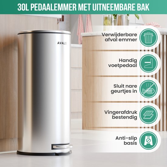 Avalo Tret-Abfalleimer 30L - Edelstahl Silber - Soft Close - Tret-Abfalleimer 30 Liter - Mülleimer 30 Liter
