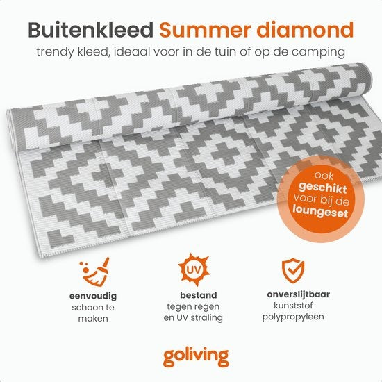 Goliving Outdoor-Teppich Summer Diamond - Gartenteppich - Outdoor-Teppich - Teppich - Gartenteppich - Reversibel - Inkl. Tragetasche - 183 x 290 cm - Grau/Weiß