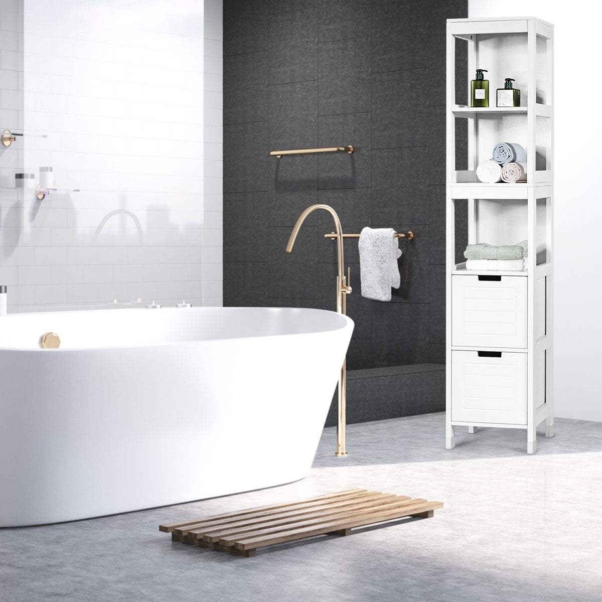 Coast Badezimmer Hochschrank Badezimmerschrank Badezimmerschrank mit 2 Schubladen Holz weiß 30 x 30 x 144,5 cm