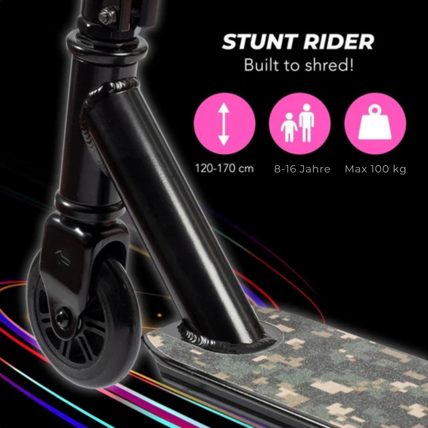LifeGoods StuntRider - Scooter - Stufe 8+ Jahre - 100mm Räder - Jungen/Mädchen - Schwarz